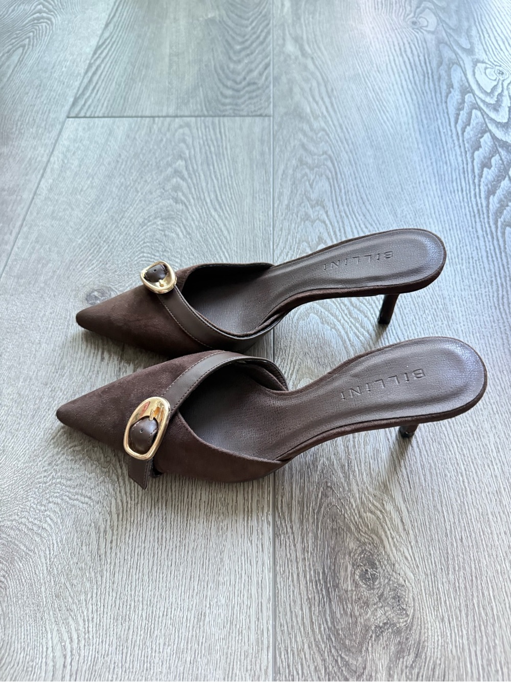 billini dakoda brown pointed toe slip on mules high heel shoes gold buckle 6 NEW